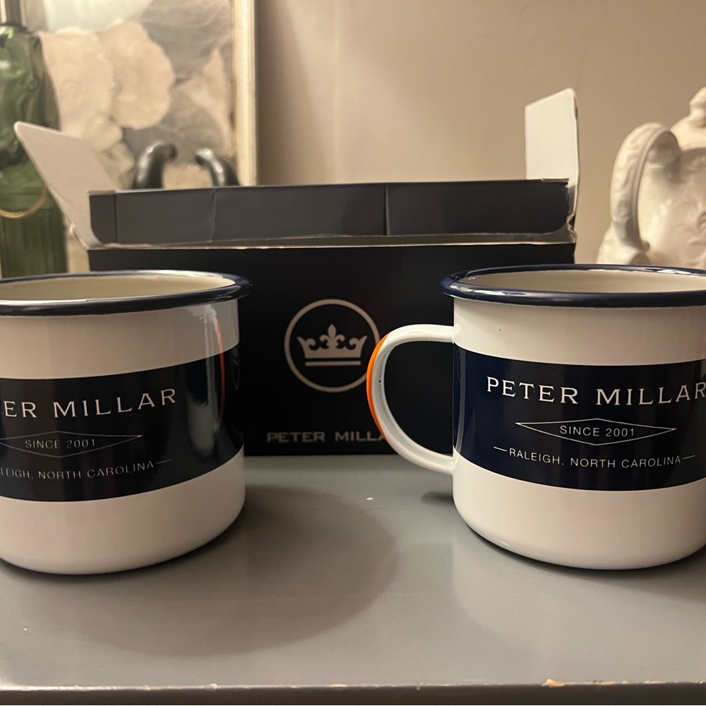 Peter Millar White & Navy Enamel Mugs with Logo - Set of 2
